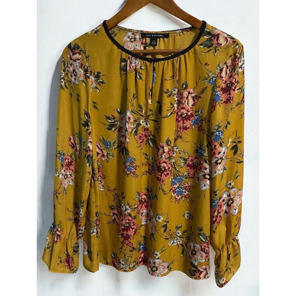 Zac & Rachel Shirt Women's Size M Yellow Floral Keyhole Bell Long Sleeve Blouse